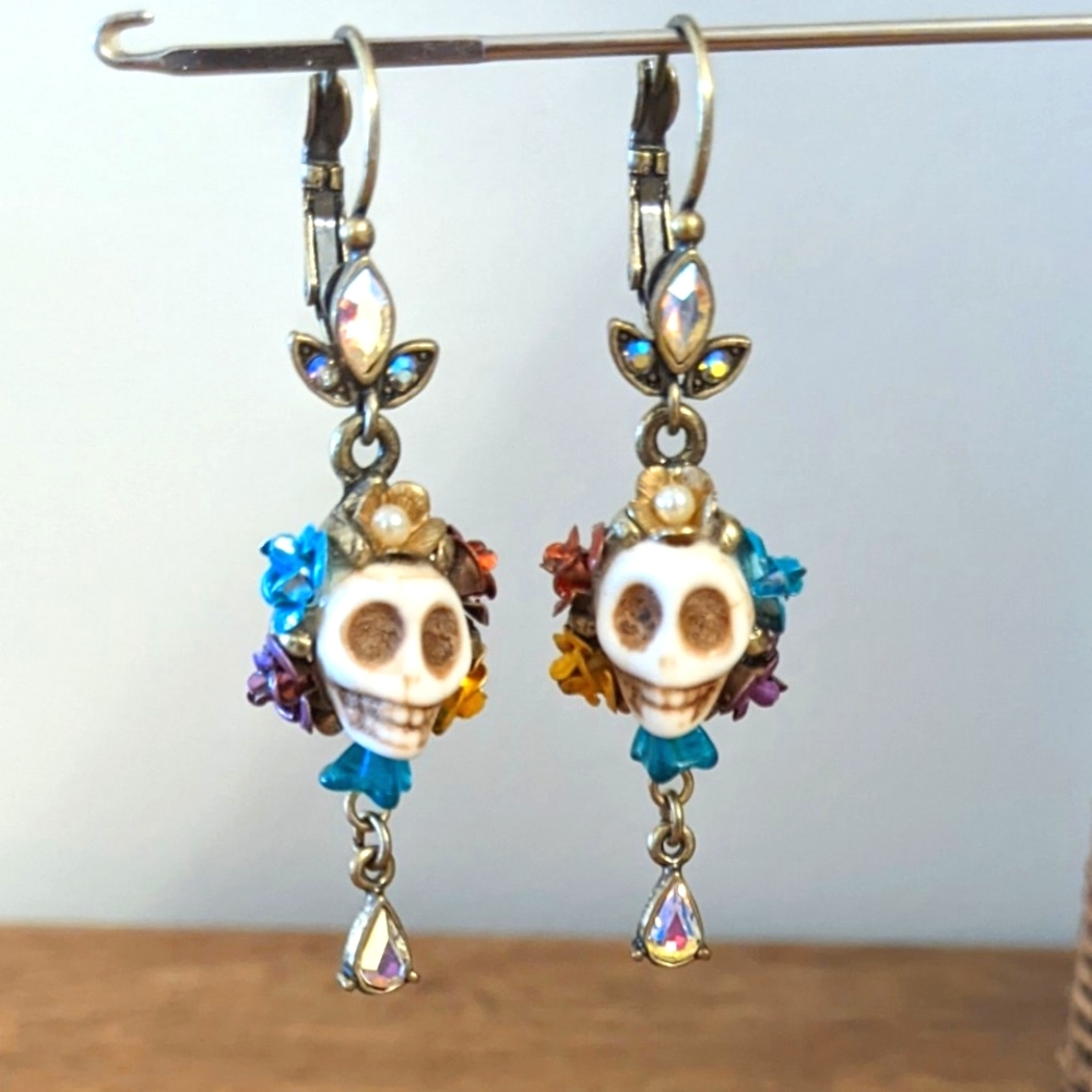 Sugar Skull Flower Sparkly Dangle Earrings
